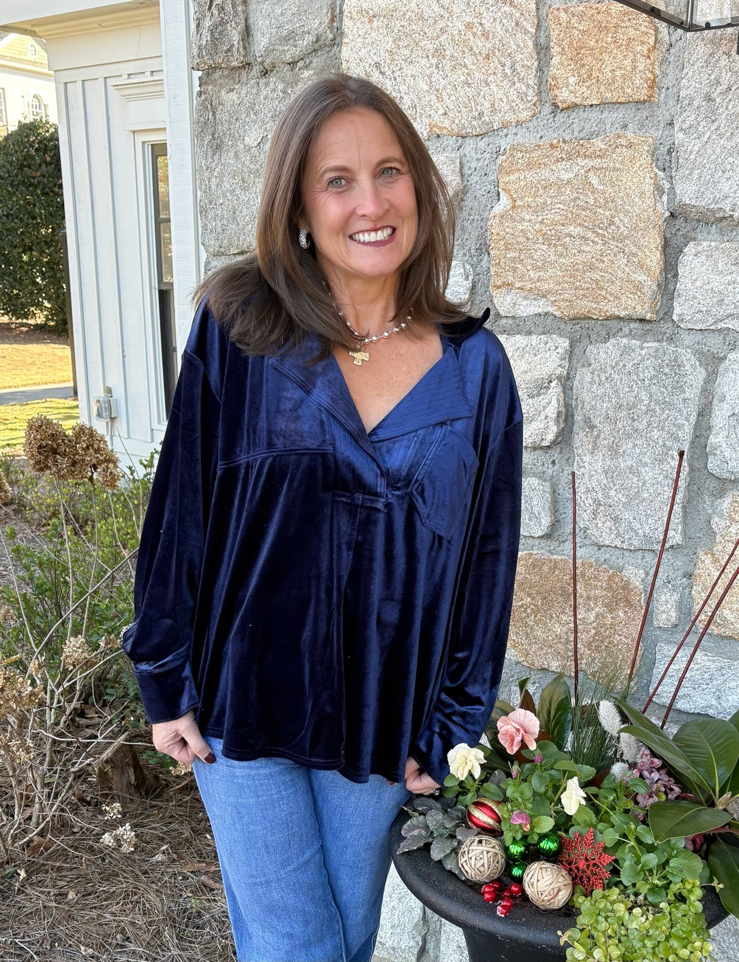 Crushed Velvet Midnight Navy Tunic Blouse
