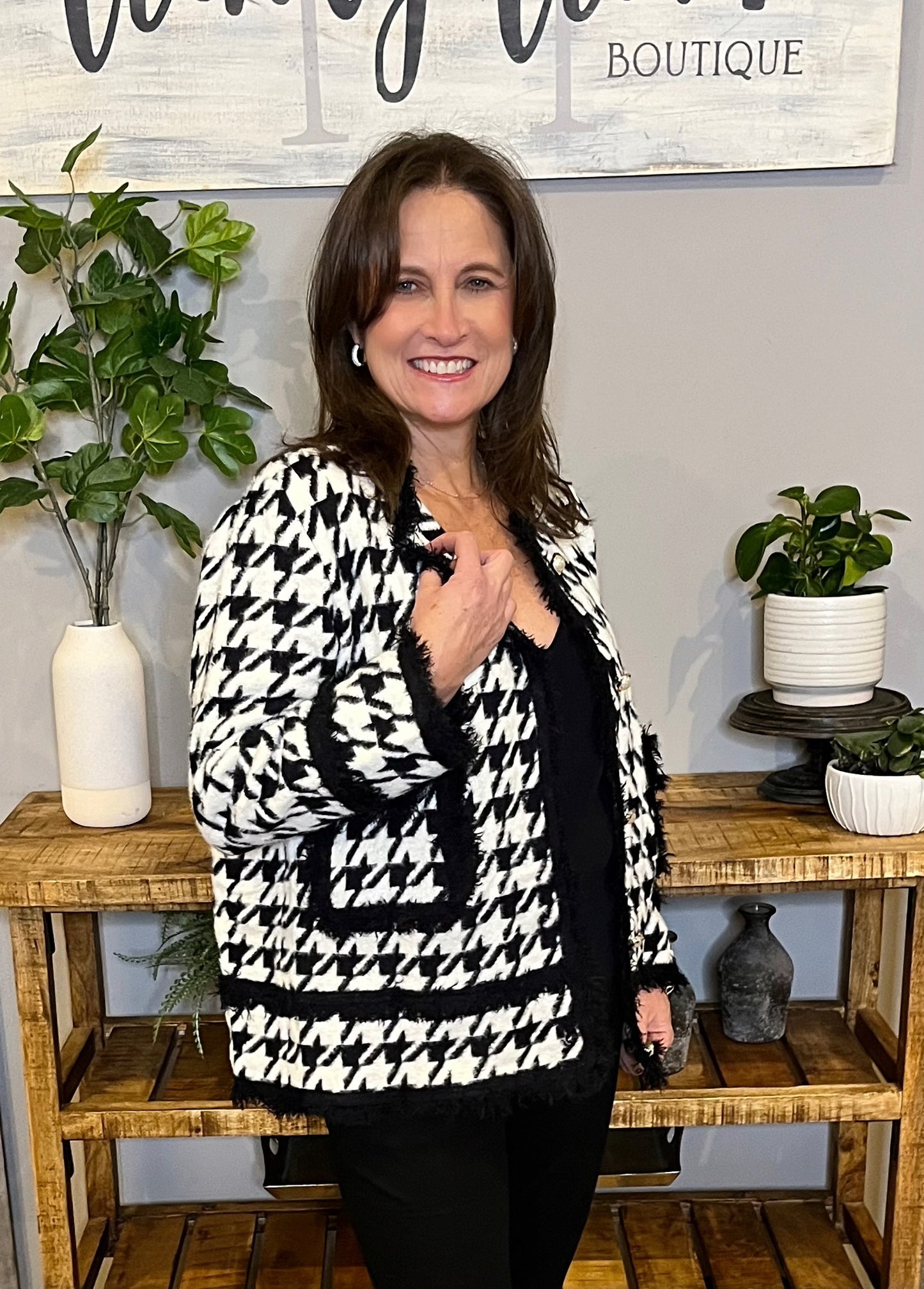 Dannie Houndstooth Button Front Cardigan