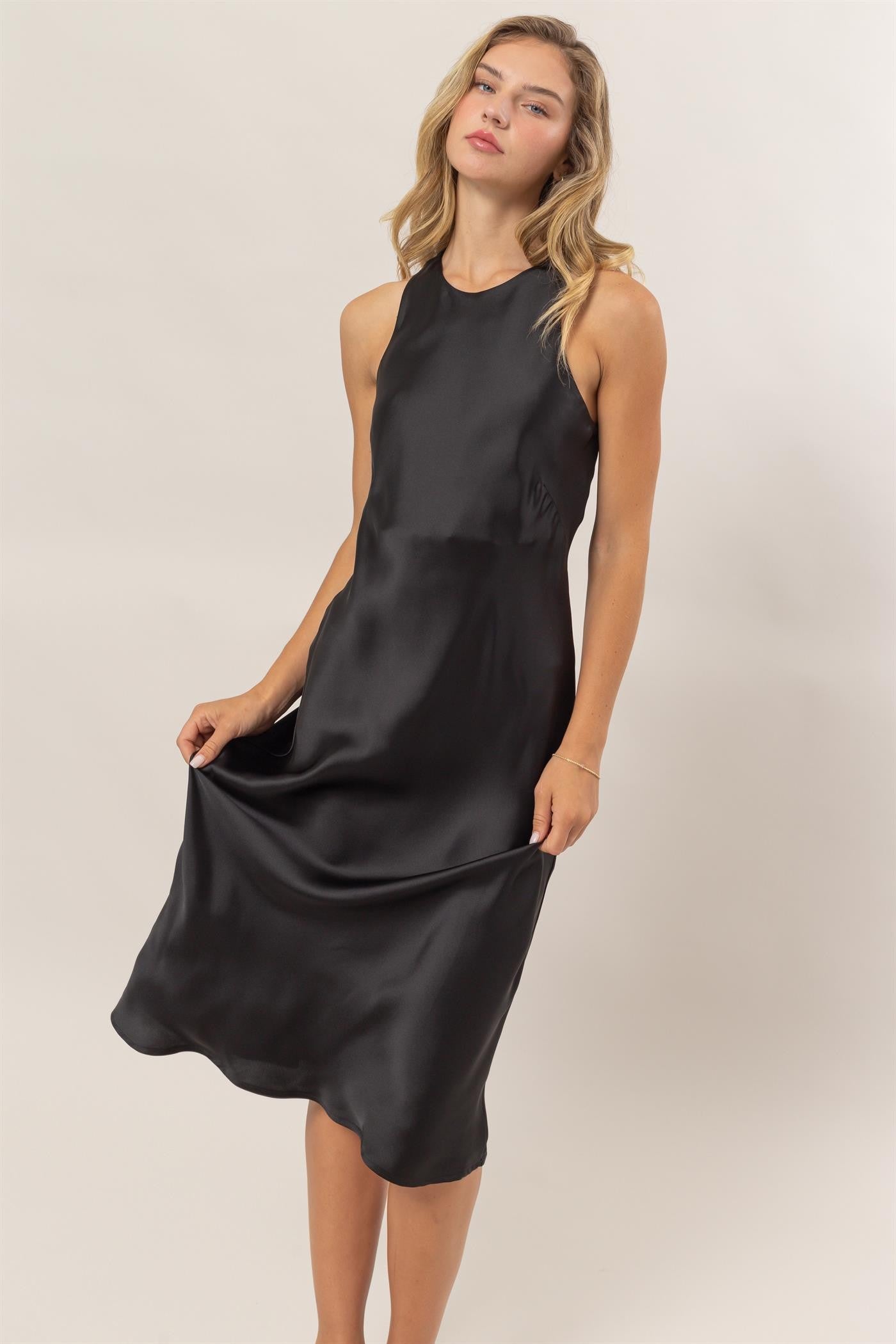 Black Satin Sleeveless Midi Dress
