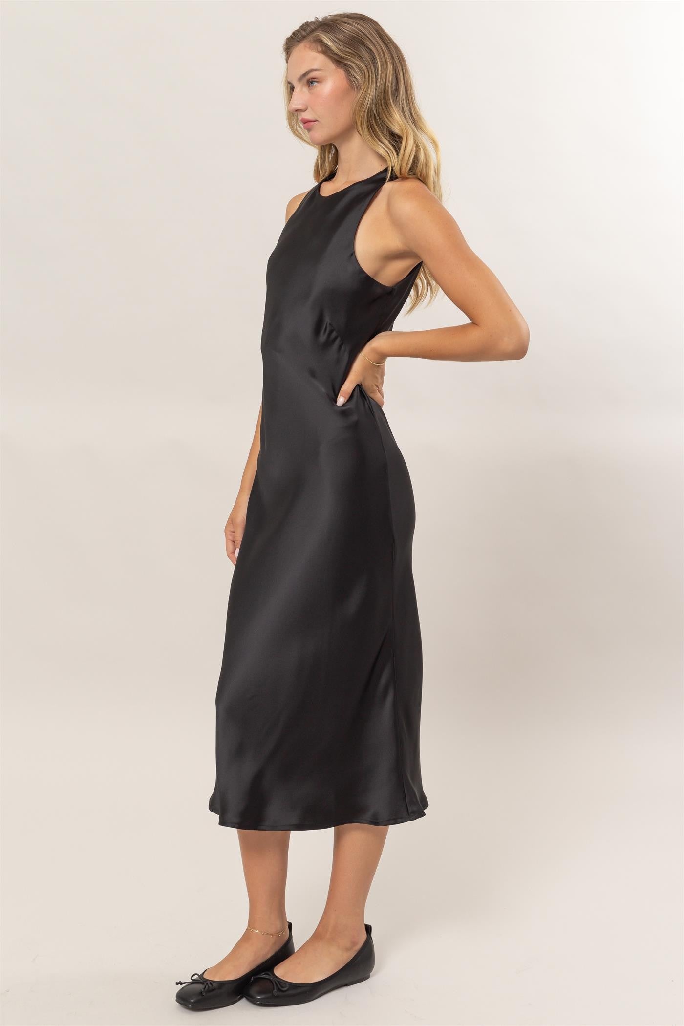 Black Satin Sleeveless Midi Dress