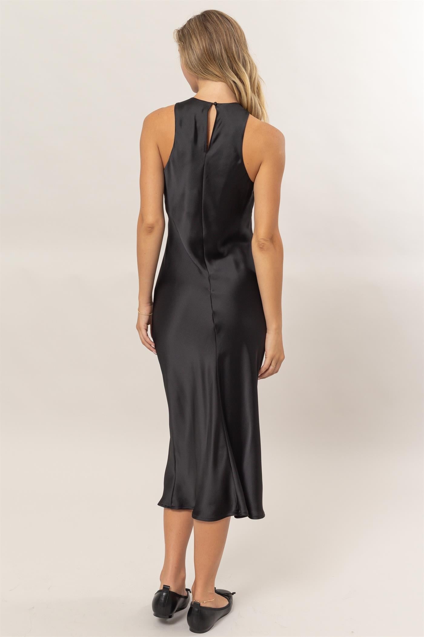Black Satin Sleeveless Midi Dress