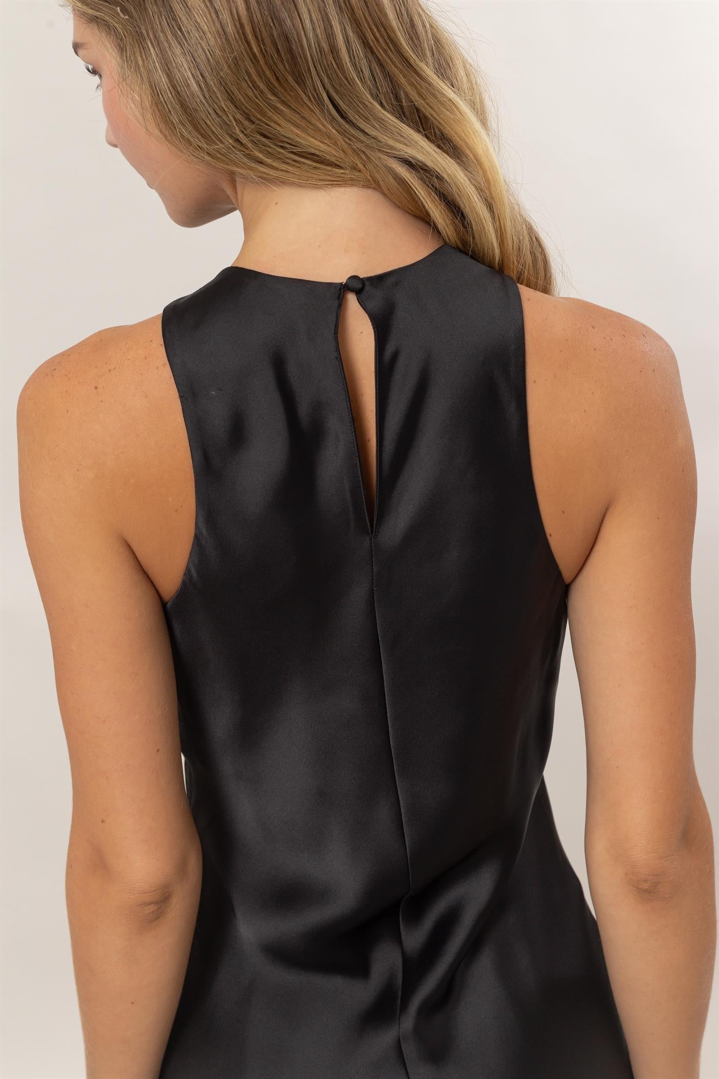 Black Satin Sleeveless Midi Dress