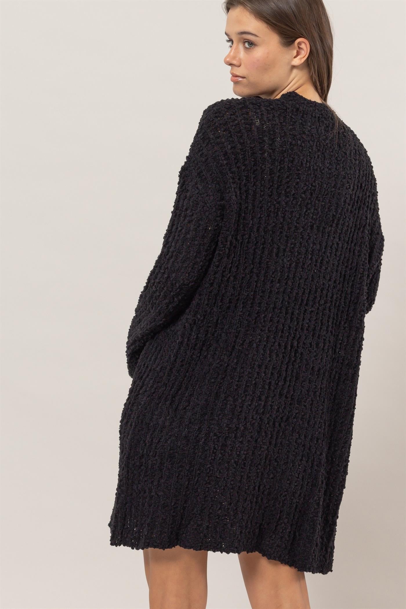 Black Popcorn Open Front Cardigan