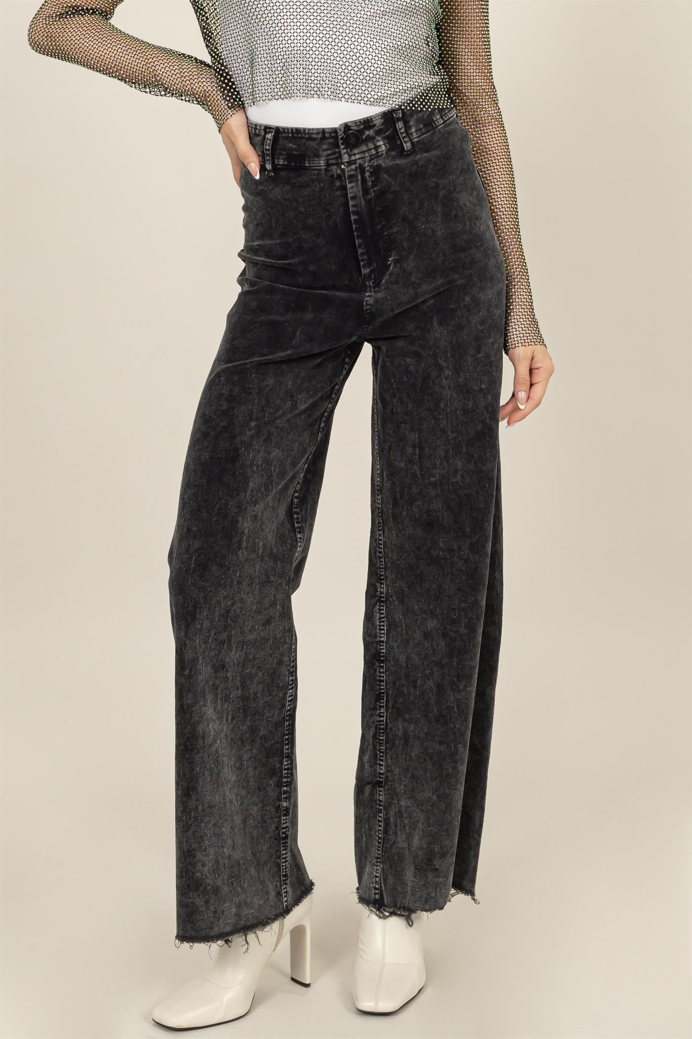 Black Washed Corduroy Flare Leg Pant