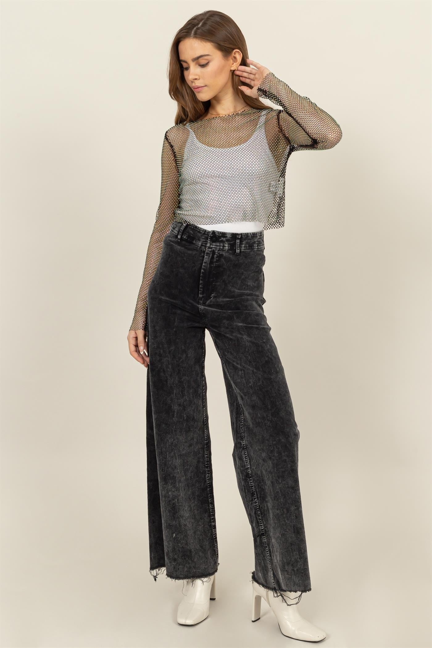 Black Washed Corduroy Flare Leg Pant