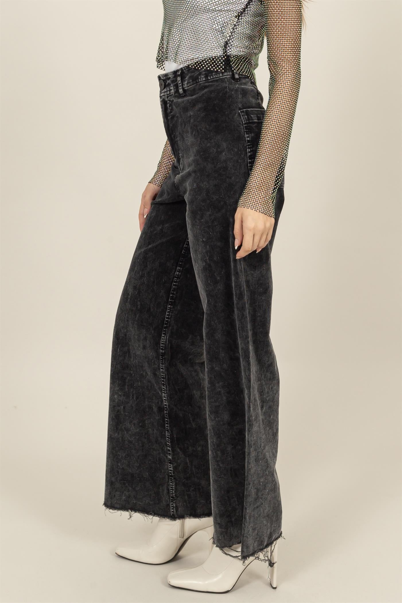 Black Washed Corduroy Flare Leg Pant