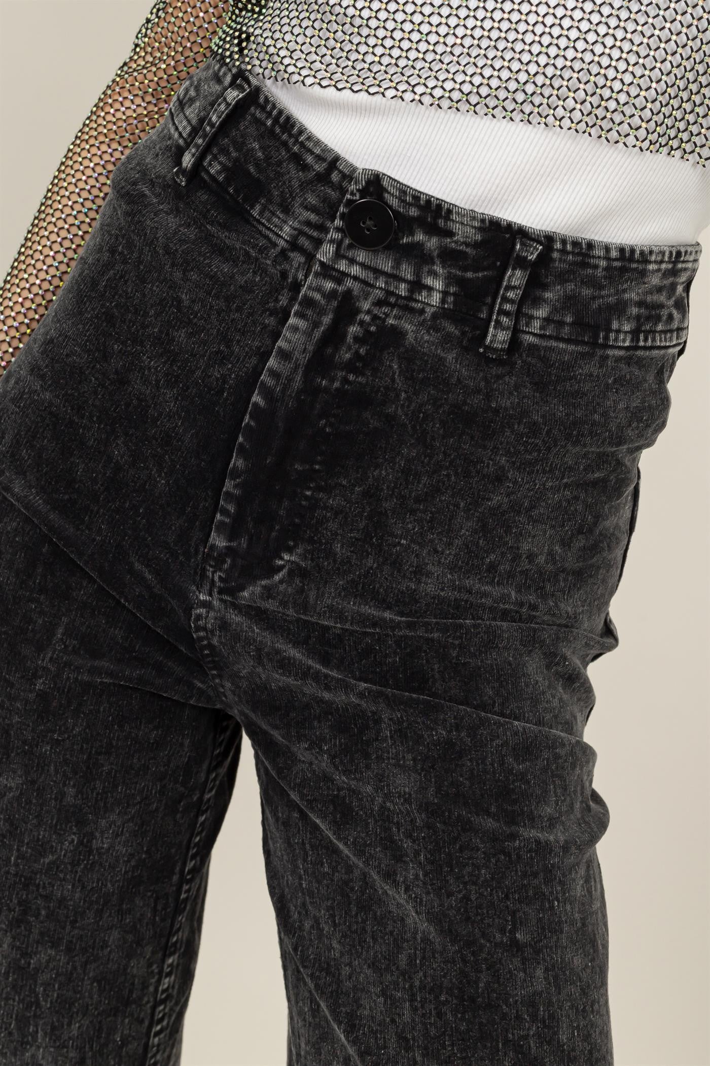Black Washed Corduroy Flare Leg Pant