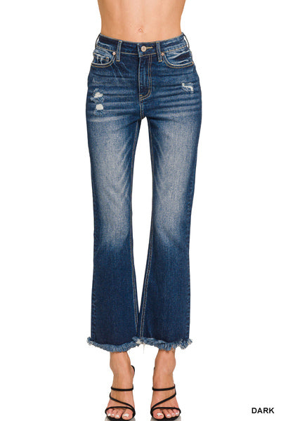 High Rise Dark Distressed Cropped Flare Jeans