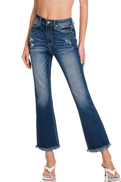 High Rise Dark Distressed Cropped Flare Jeans