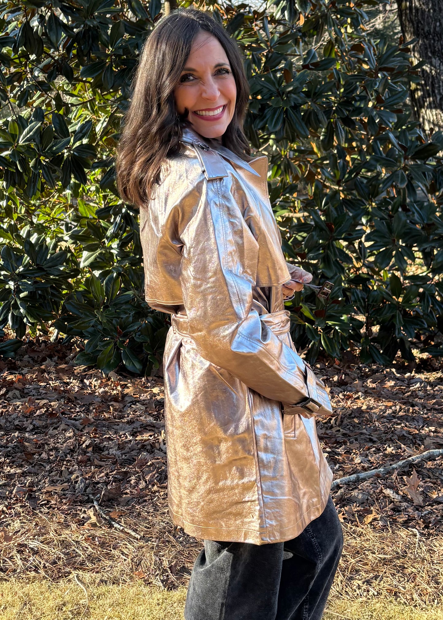 Metallic Faux Leather Trench Coat