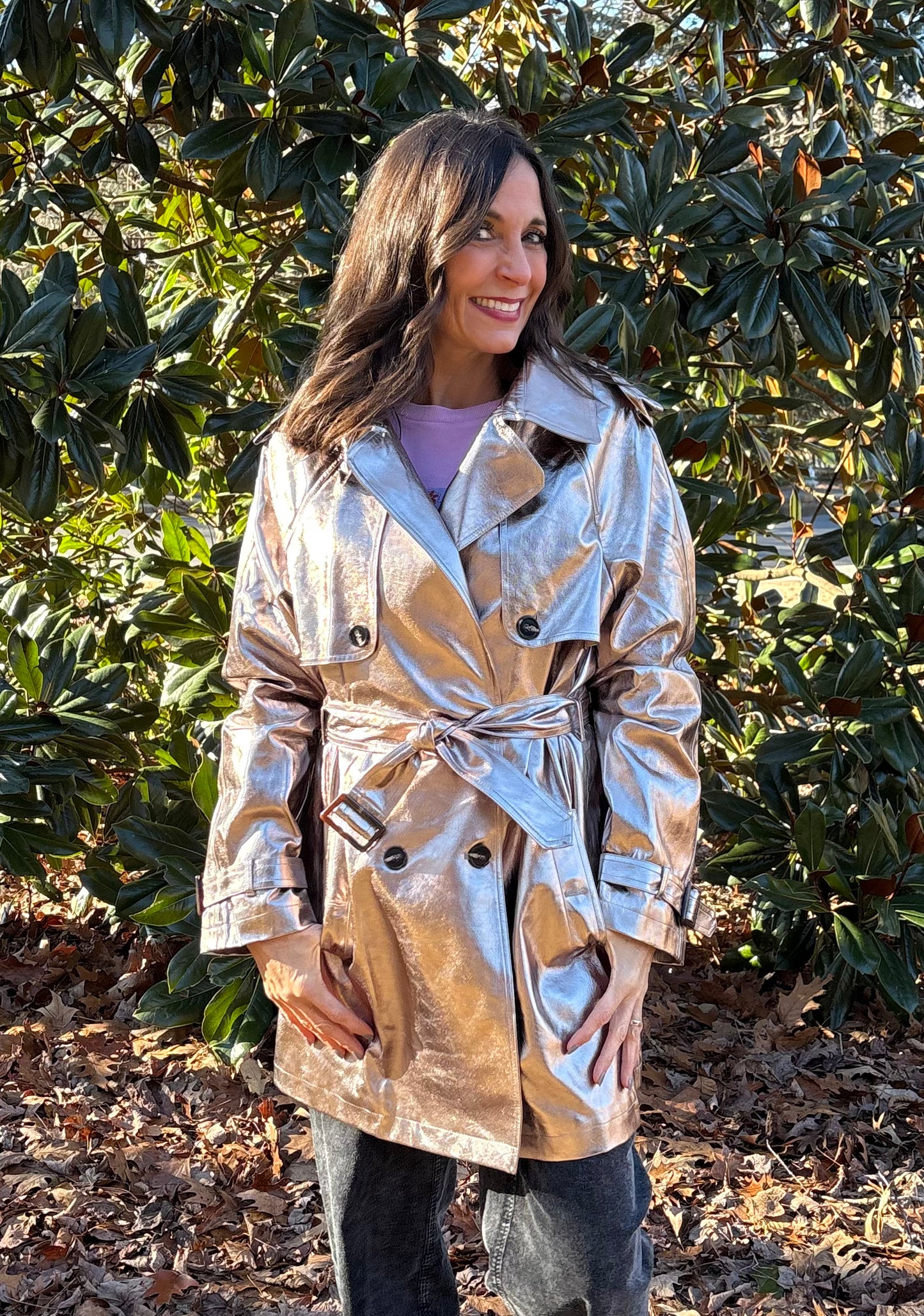 Metallic Faux Leather Trench Coat