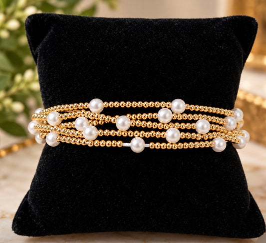 Pearl & Gold Ball Stretch Bracelet Set