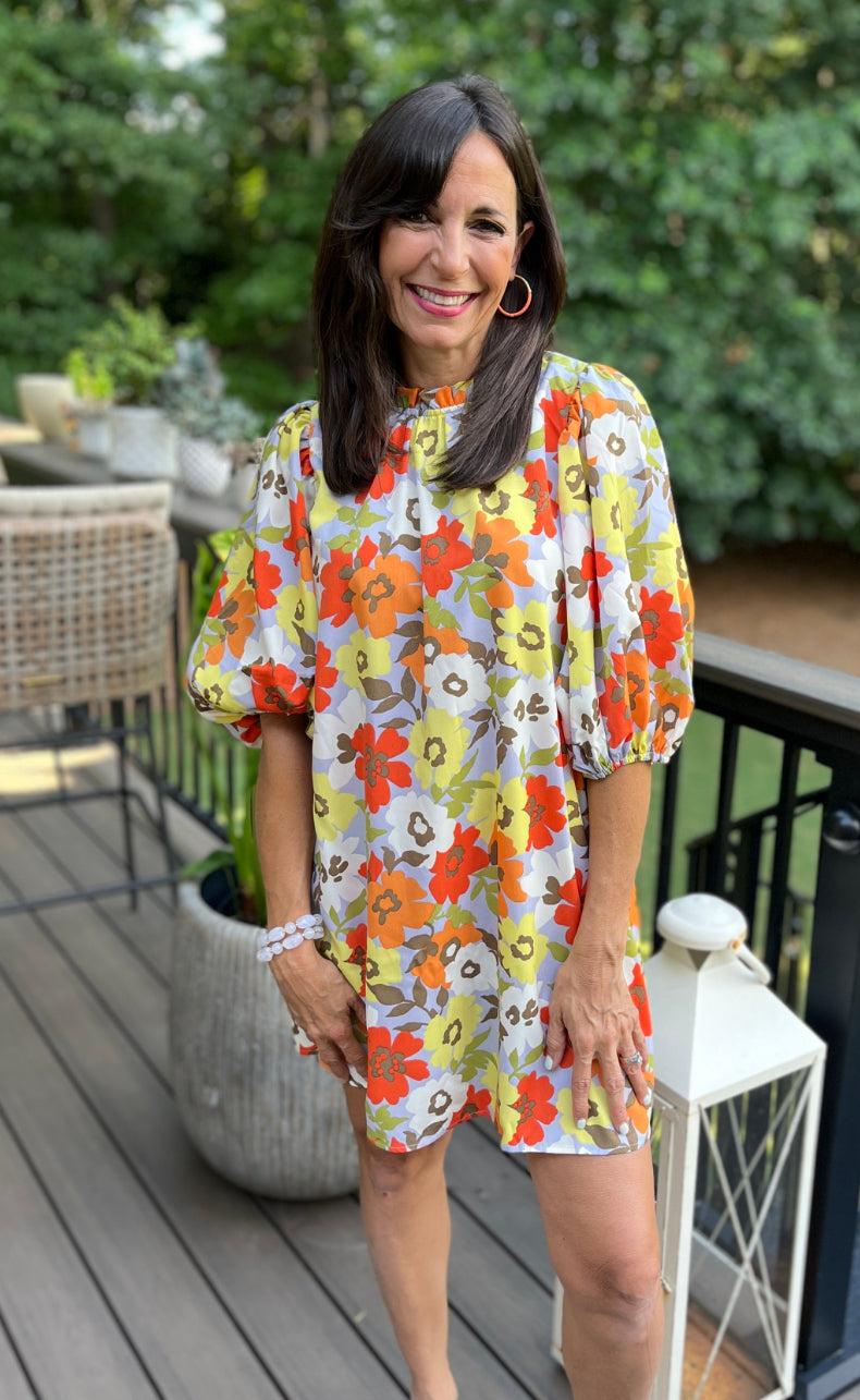 Orange Floral Print Balloon Sleeve Dress