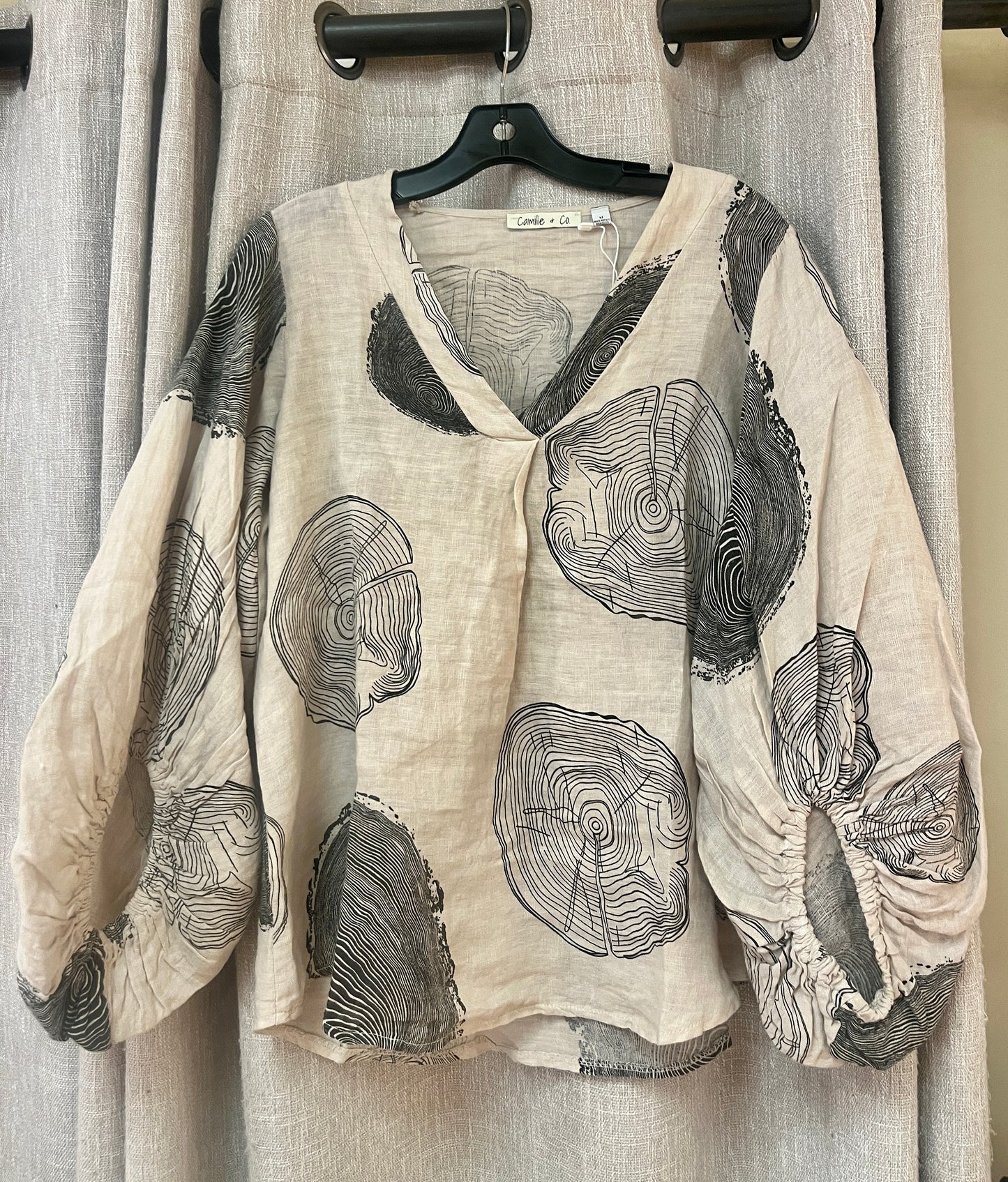 Natural Linen Print Balloon Sleeve Blouse