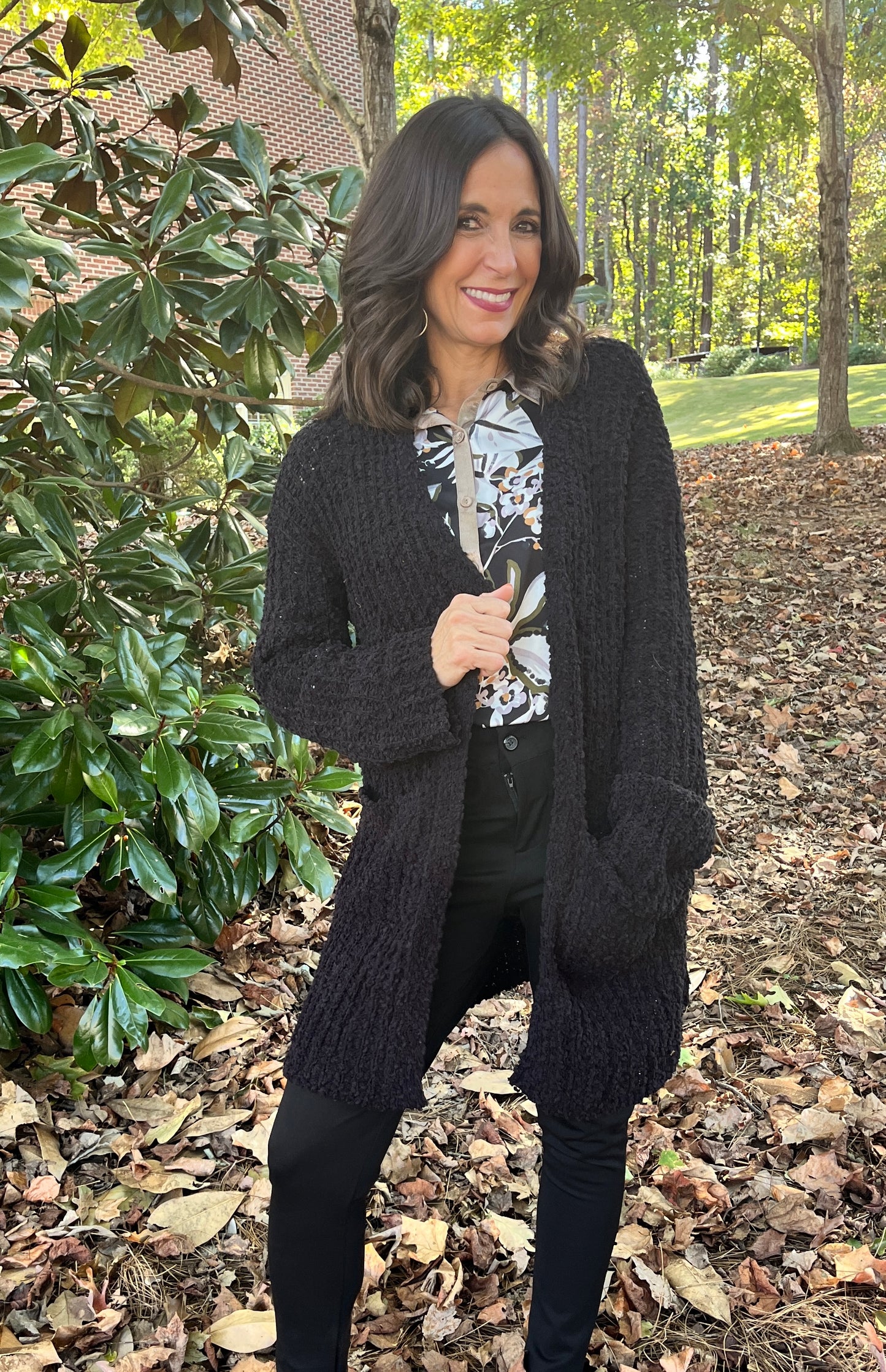 Black Popcorn Open Front Cardigan