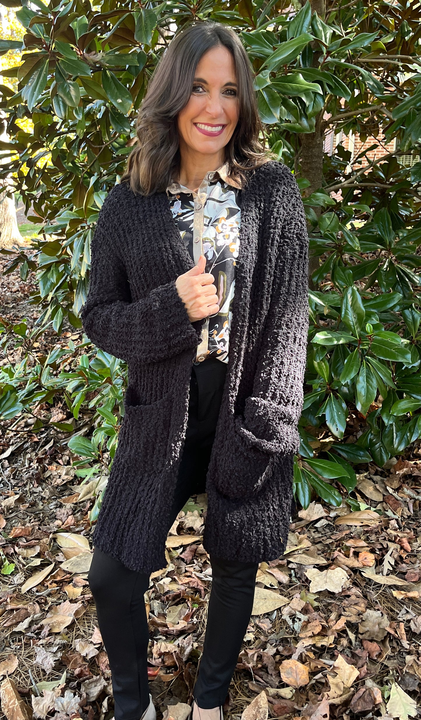 Black Popcorn Open Front Cardigan