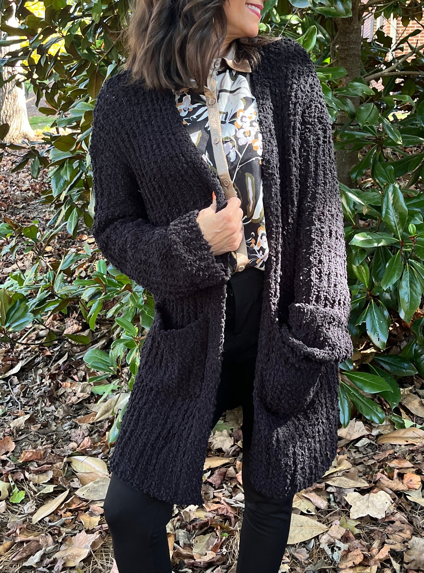 Black Popcorn Open Front Cardigan