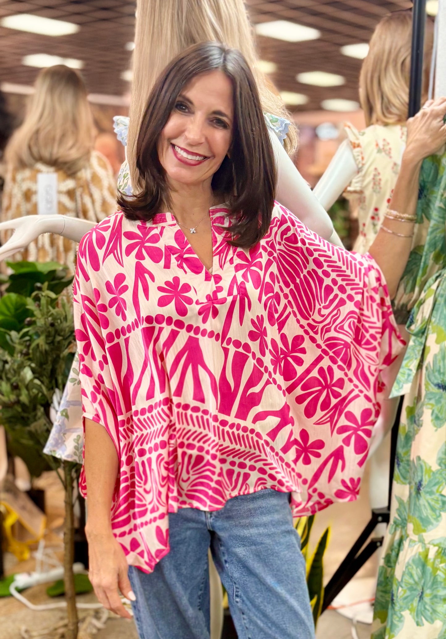 Bold Print Silky V Neck Dolman Sleeve Top / 2 colors