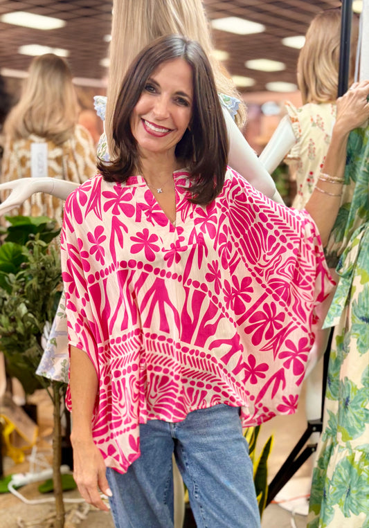 Bold Print Silky V Neck Dolman Sleeve Top
