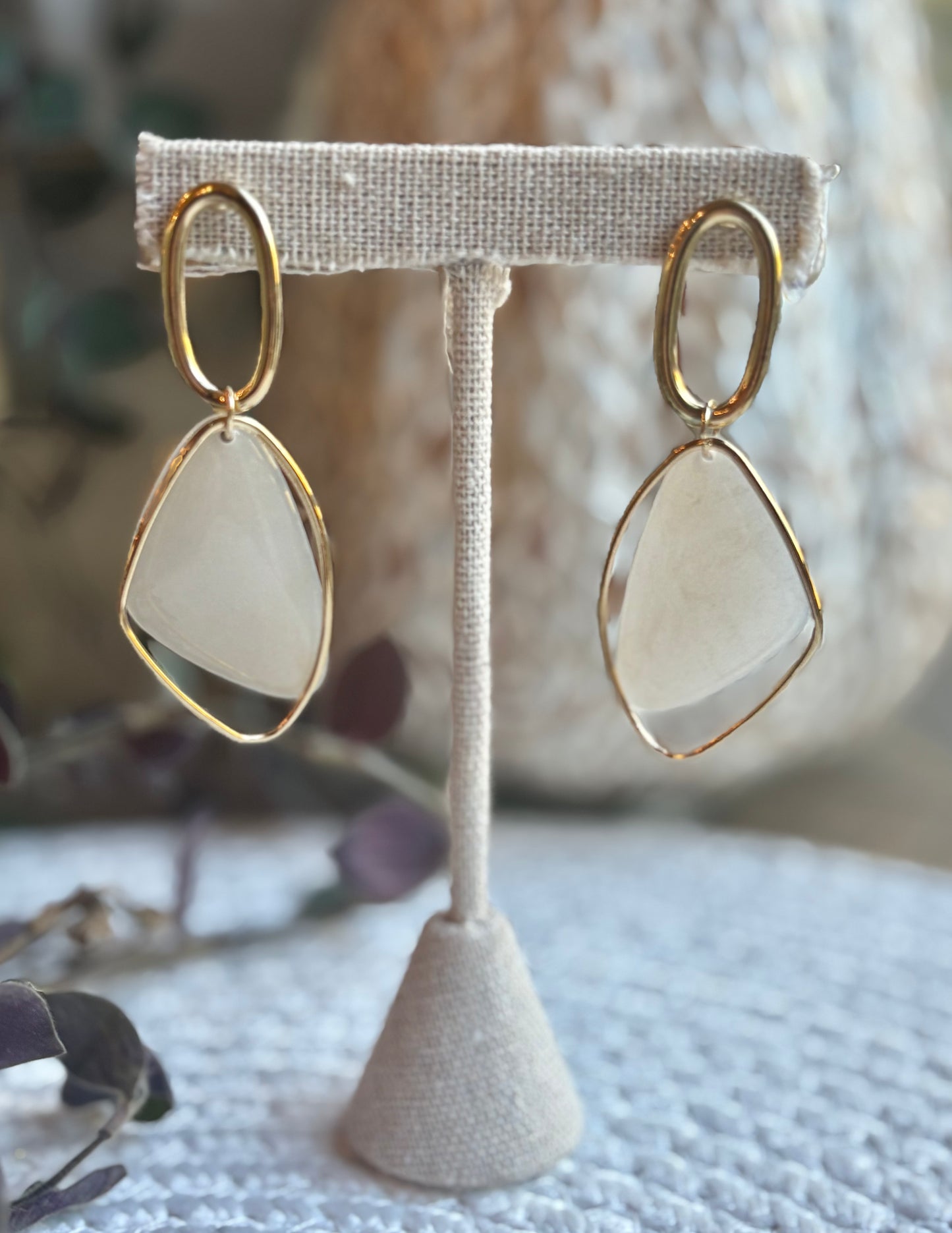 Ivory Acrylic Dangle Oval Earrings