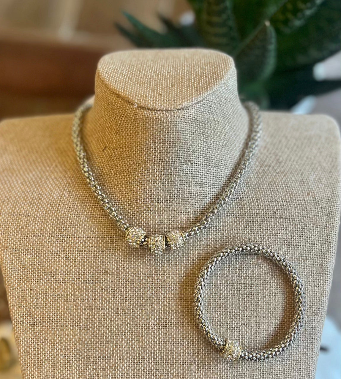 Rope and Rhinestone Choker Necklace / Gold or Silver
