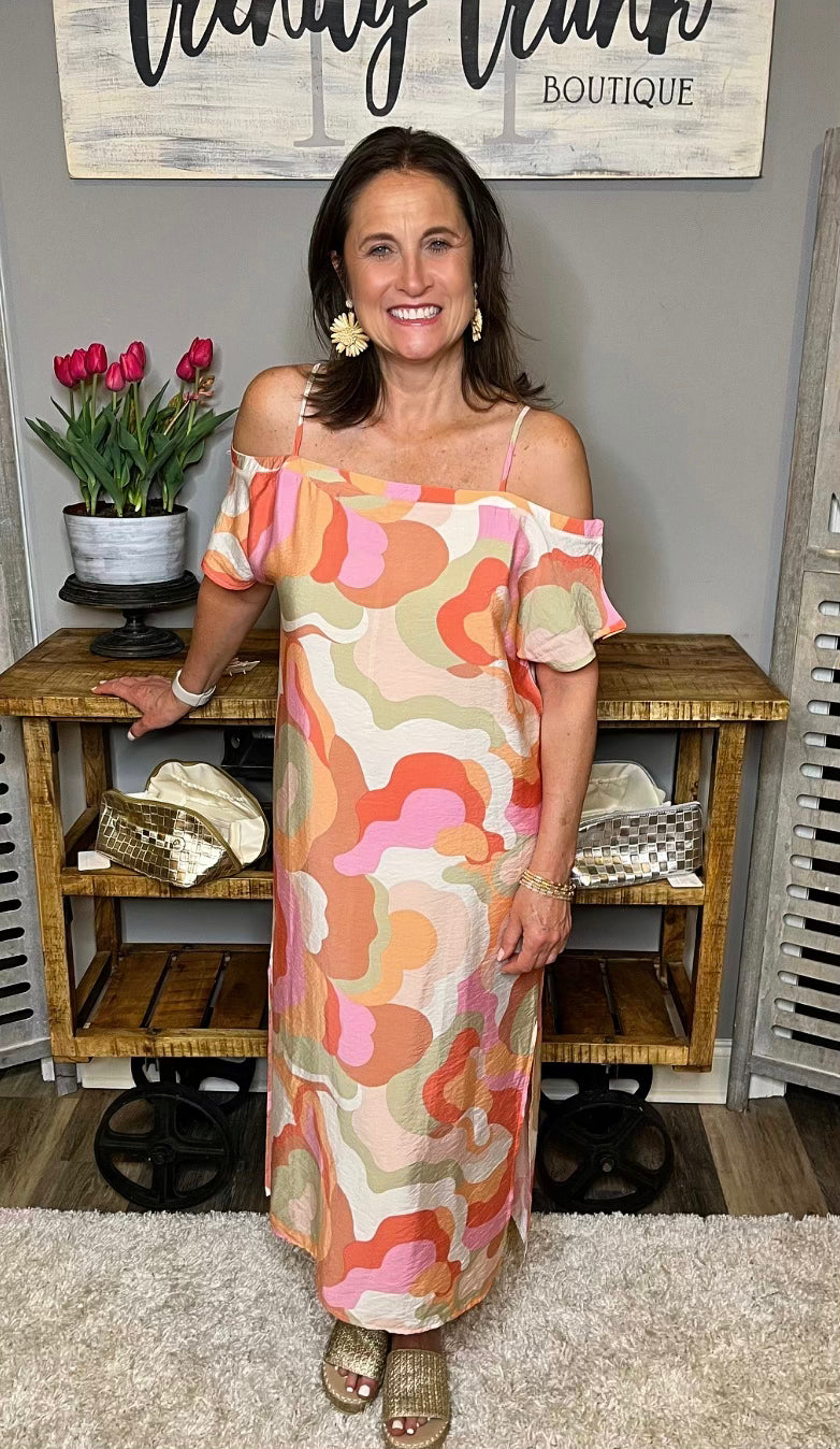 Off Shoulder Printed Maxi Dress with Side Slits