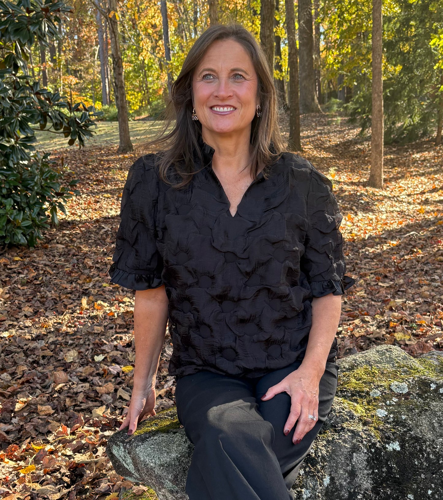 Satin Black Ruffled Detail Textured Top