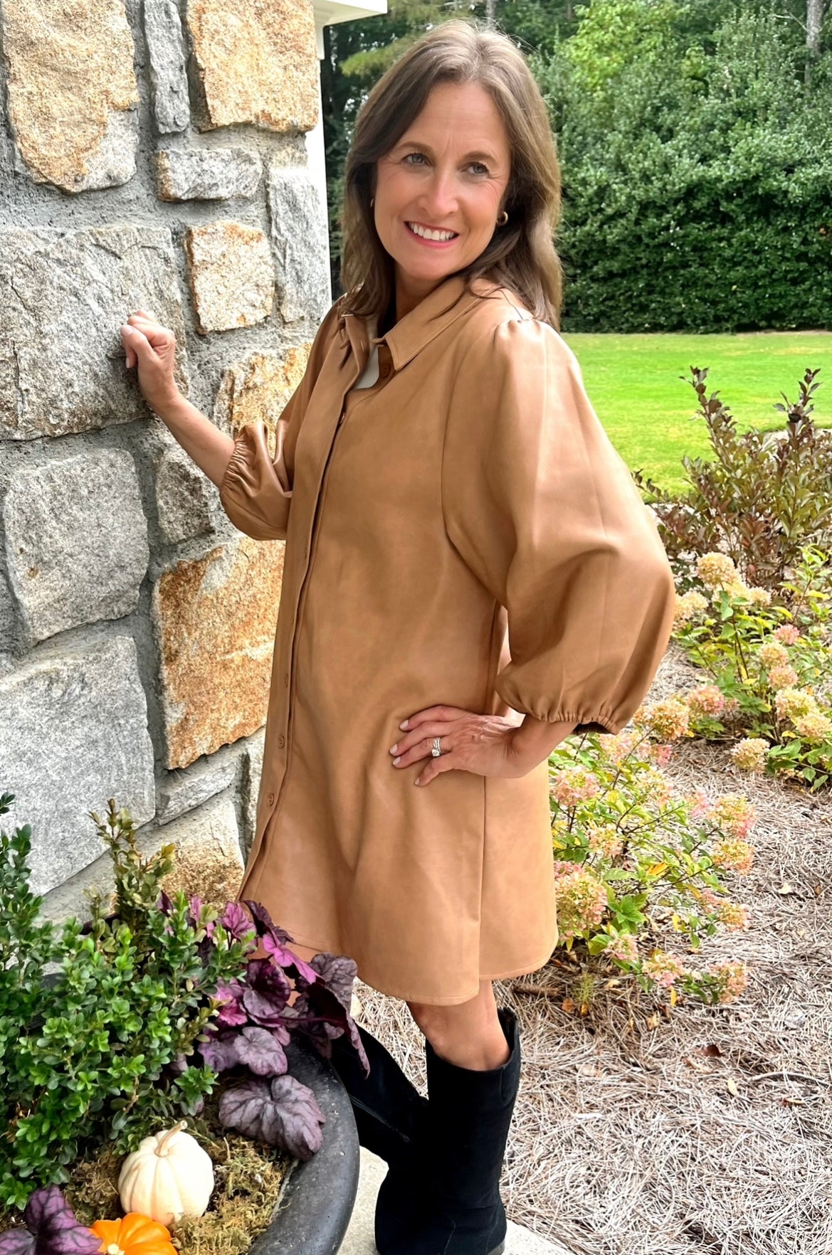 Camel Puff Sleeve Vegan Leather Dress