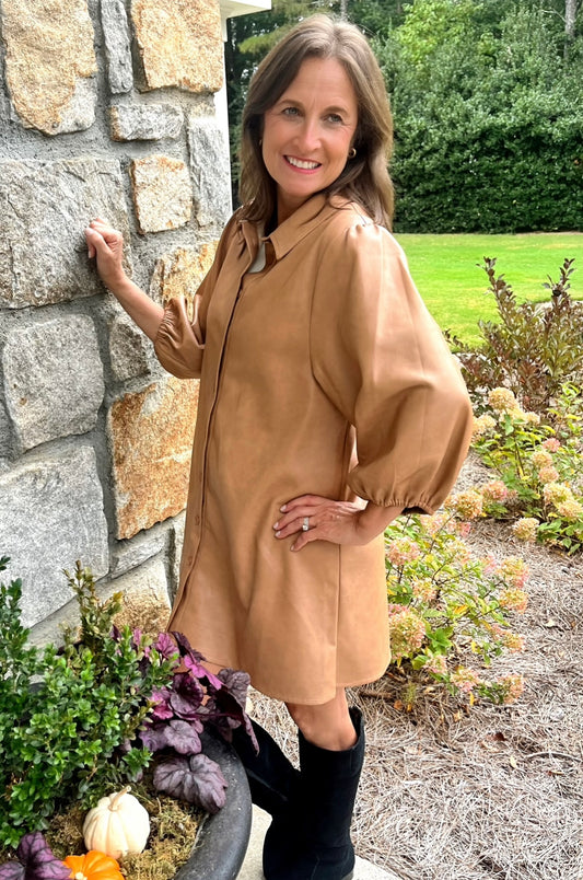 Camel Puff Sleeve Vegan Leather Dress