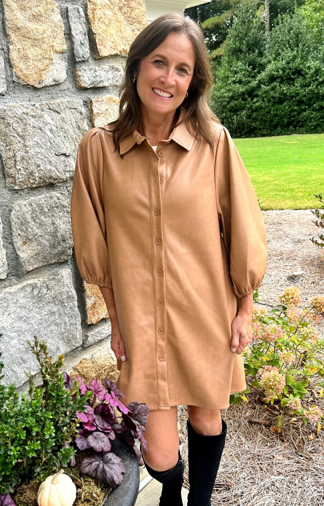 Camel Puff Sleeve Vegan Leather Dress