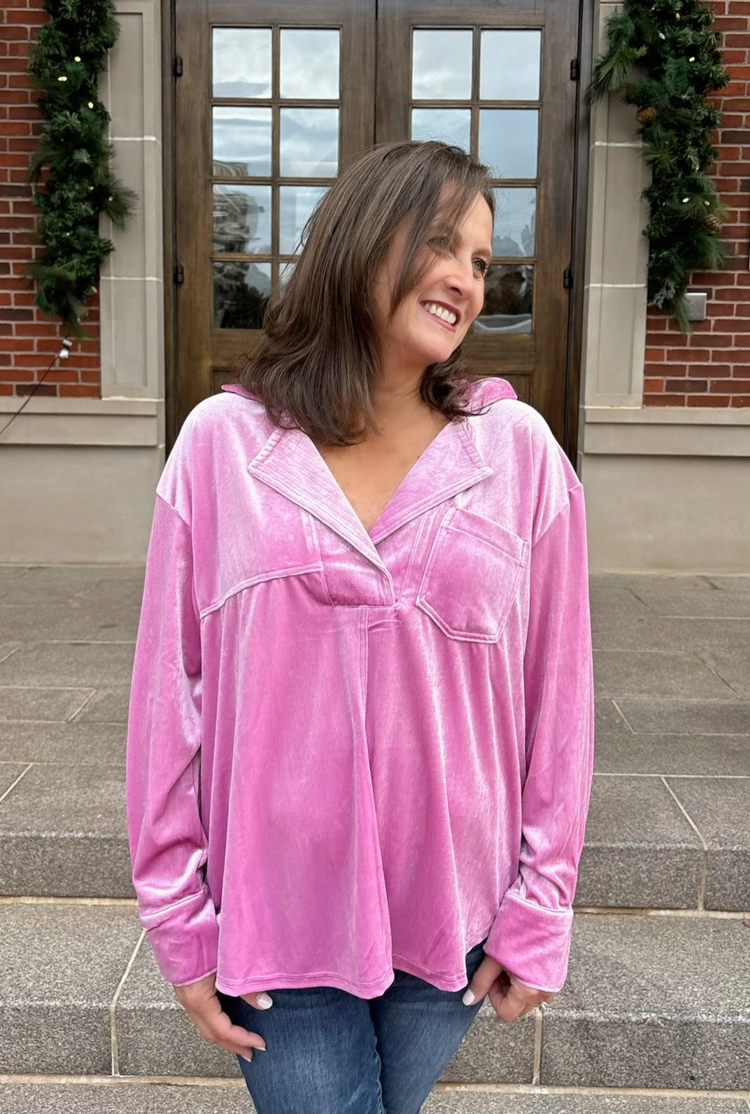 Rose Pink Velvet V Neck Tunic Top