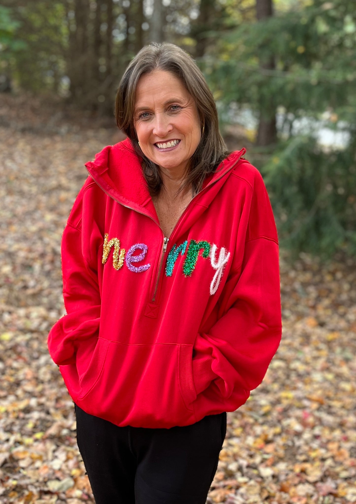 MULTI MERRY Tinsel Lettering Hoodie Fleece Sweatshirt