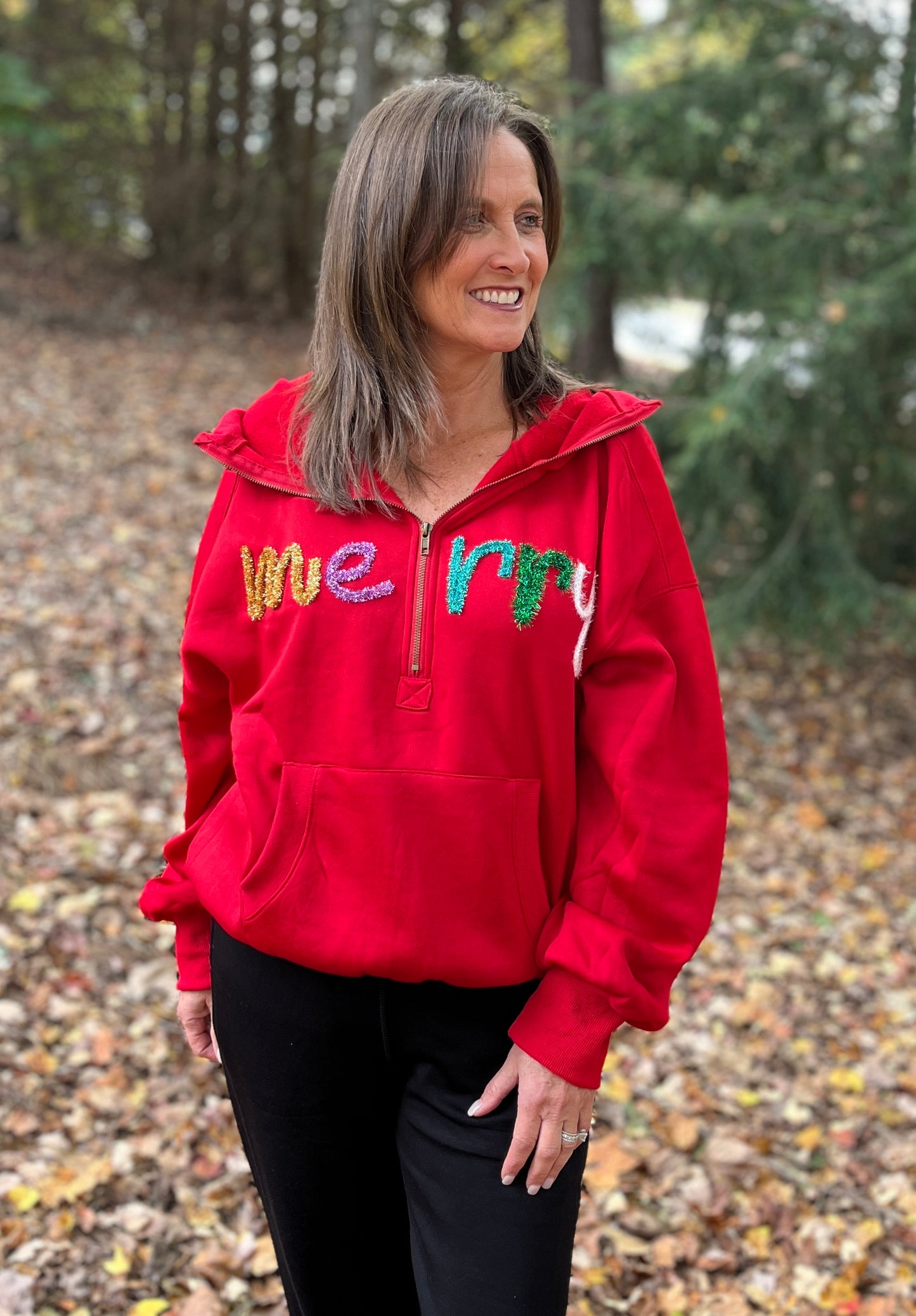 MULTI MERRY Tinsel Lettering Hoodie Fleece Sweatshirt
