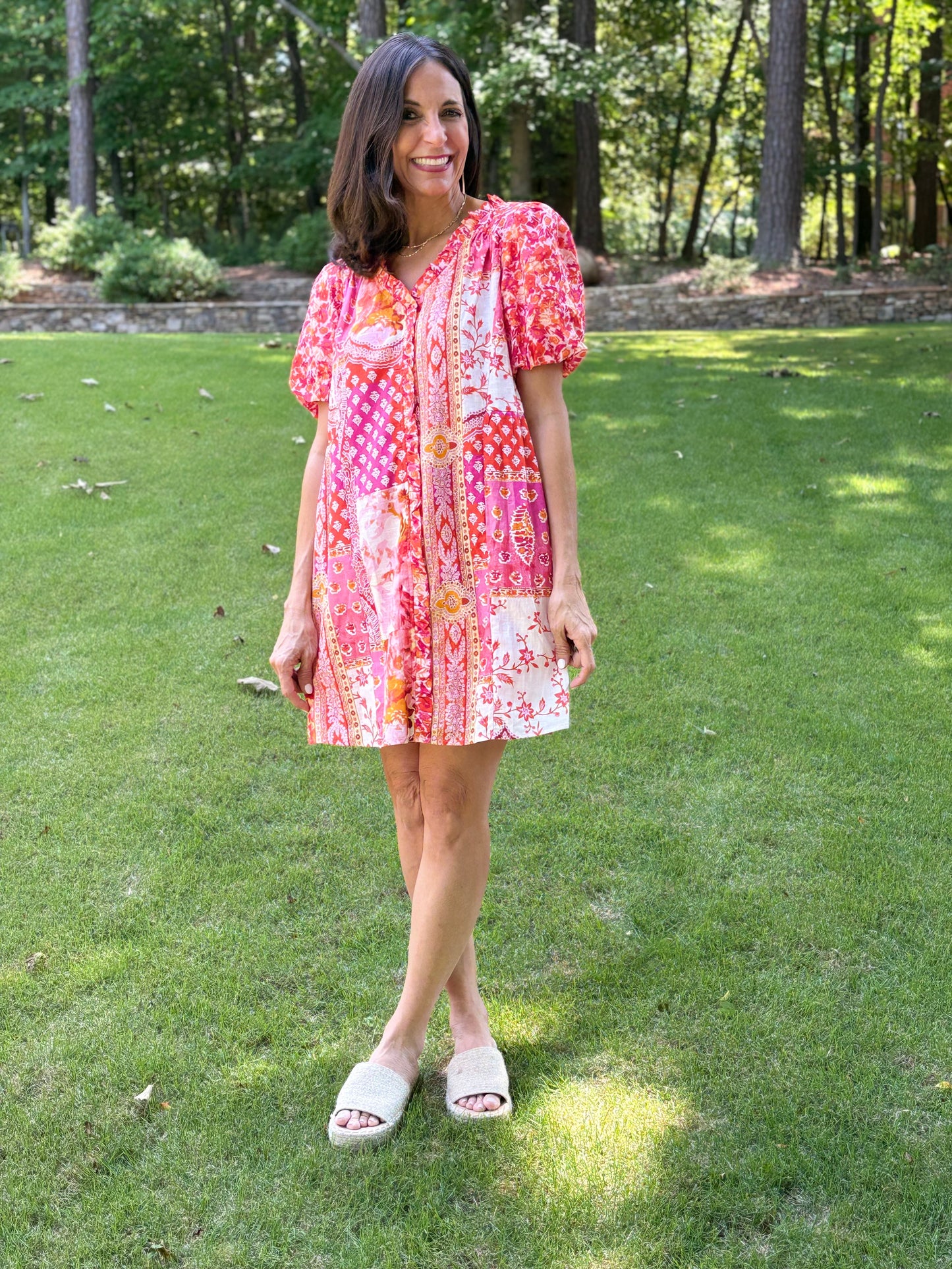 Pink Mixed Print Short Sleeve Dress