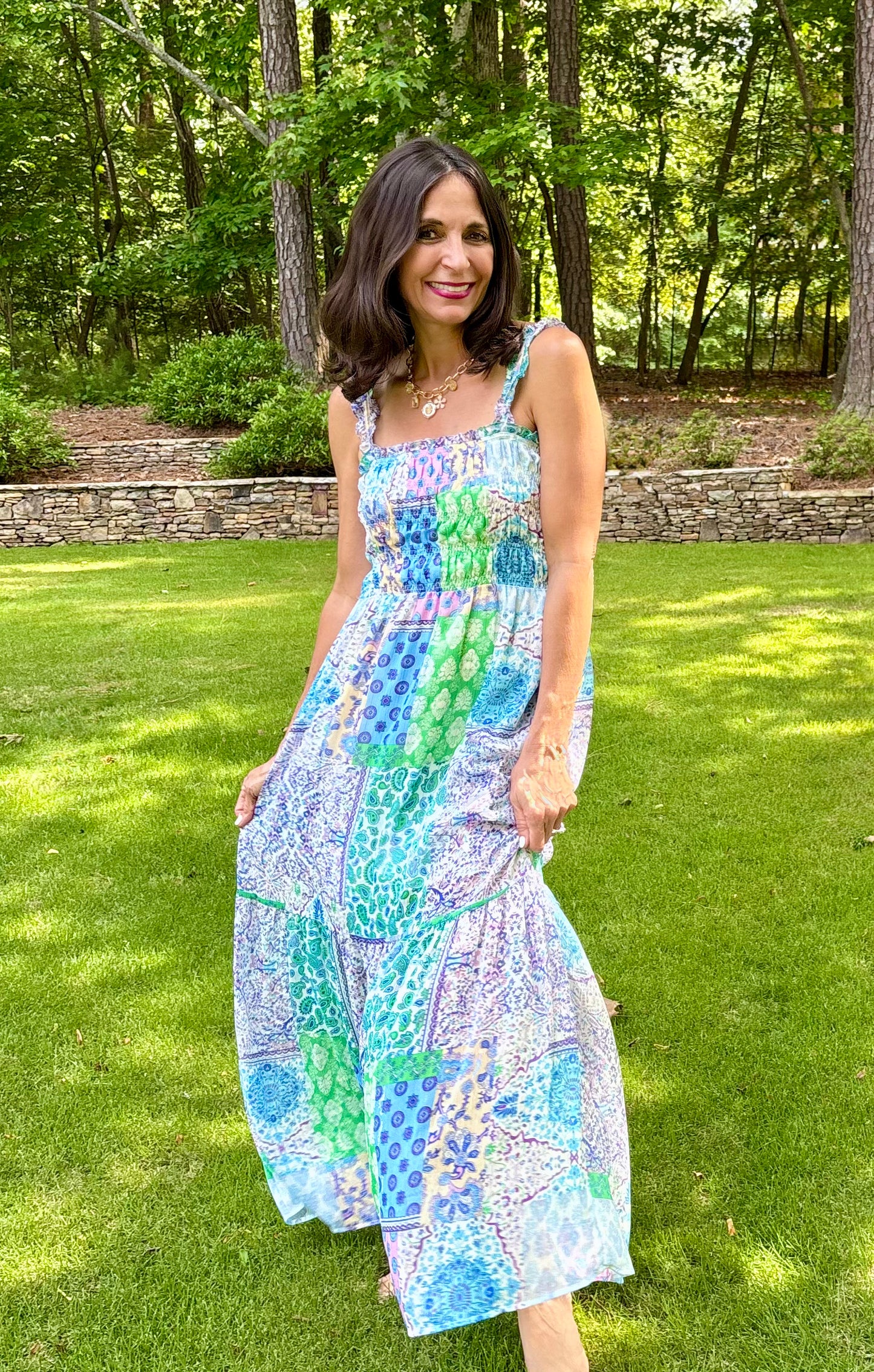 Smocked Top BLUE Patchwork Maxi Dress