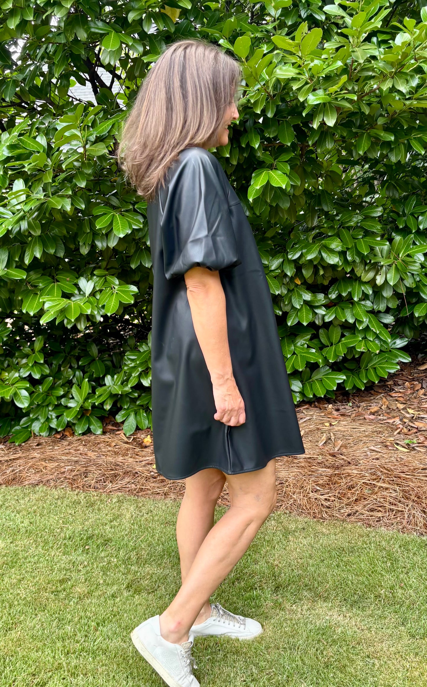 Black Pleather Short Puff Sleeve Dress