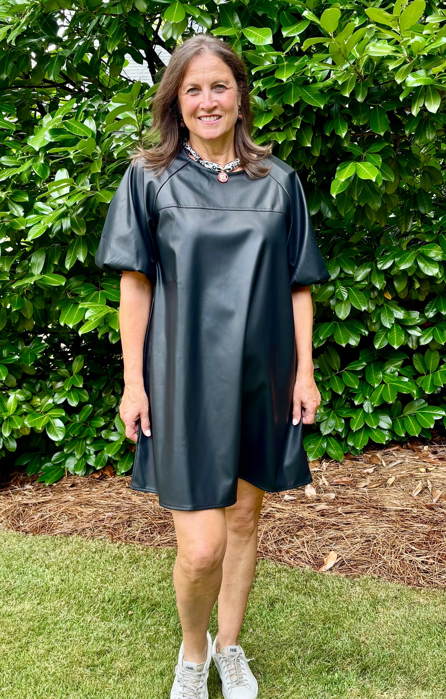 Black Pleather Short Puff Sleeve Dress