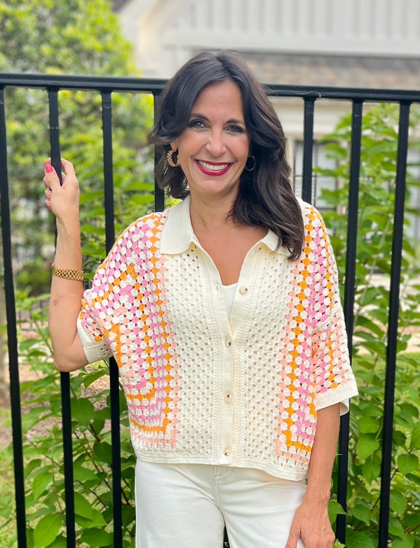 Multi Color Crochet Button Front Top