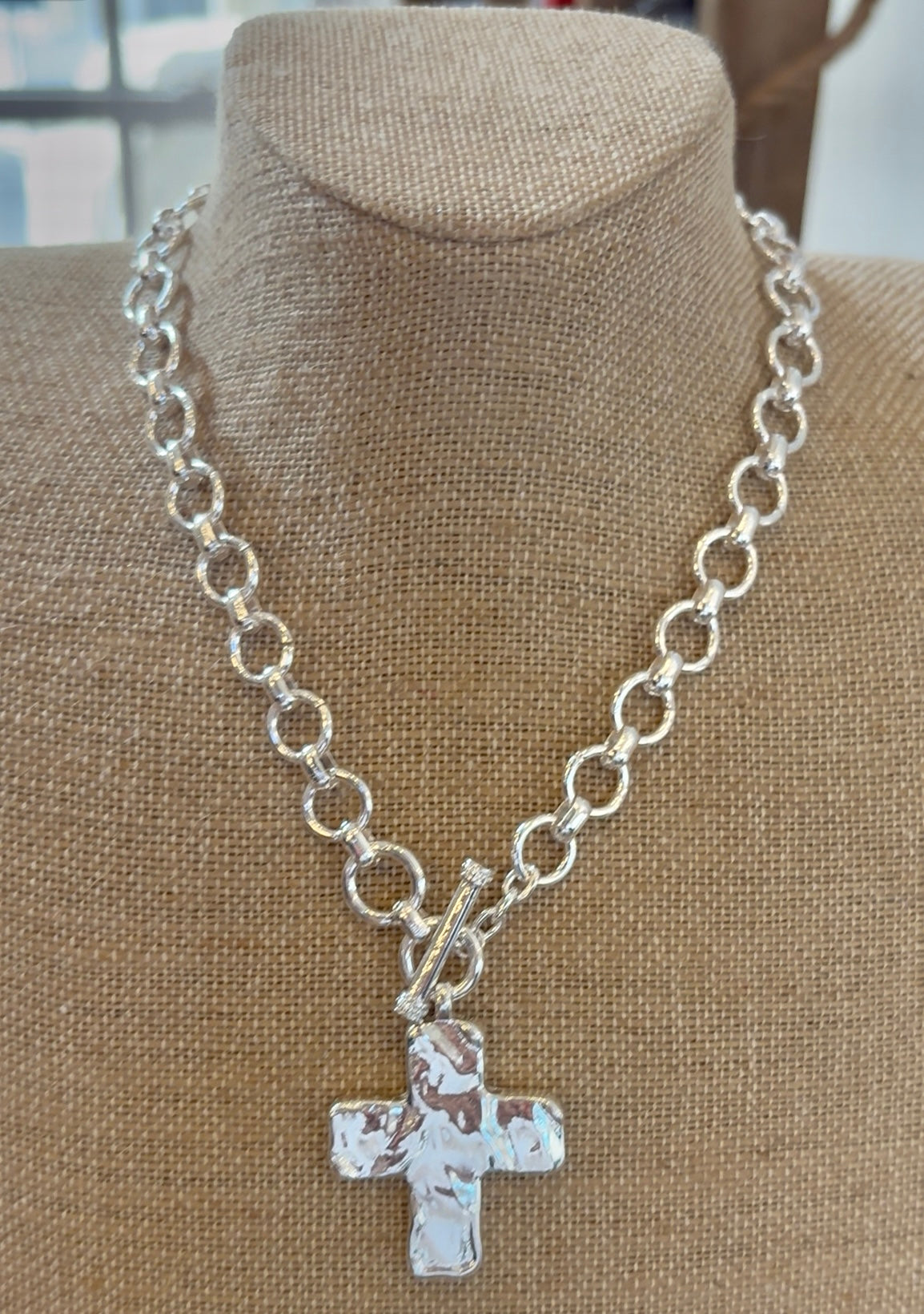 Toggle Link Chain Cross Necklace - Gold or Silver