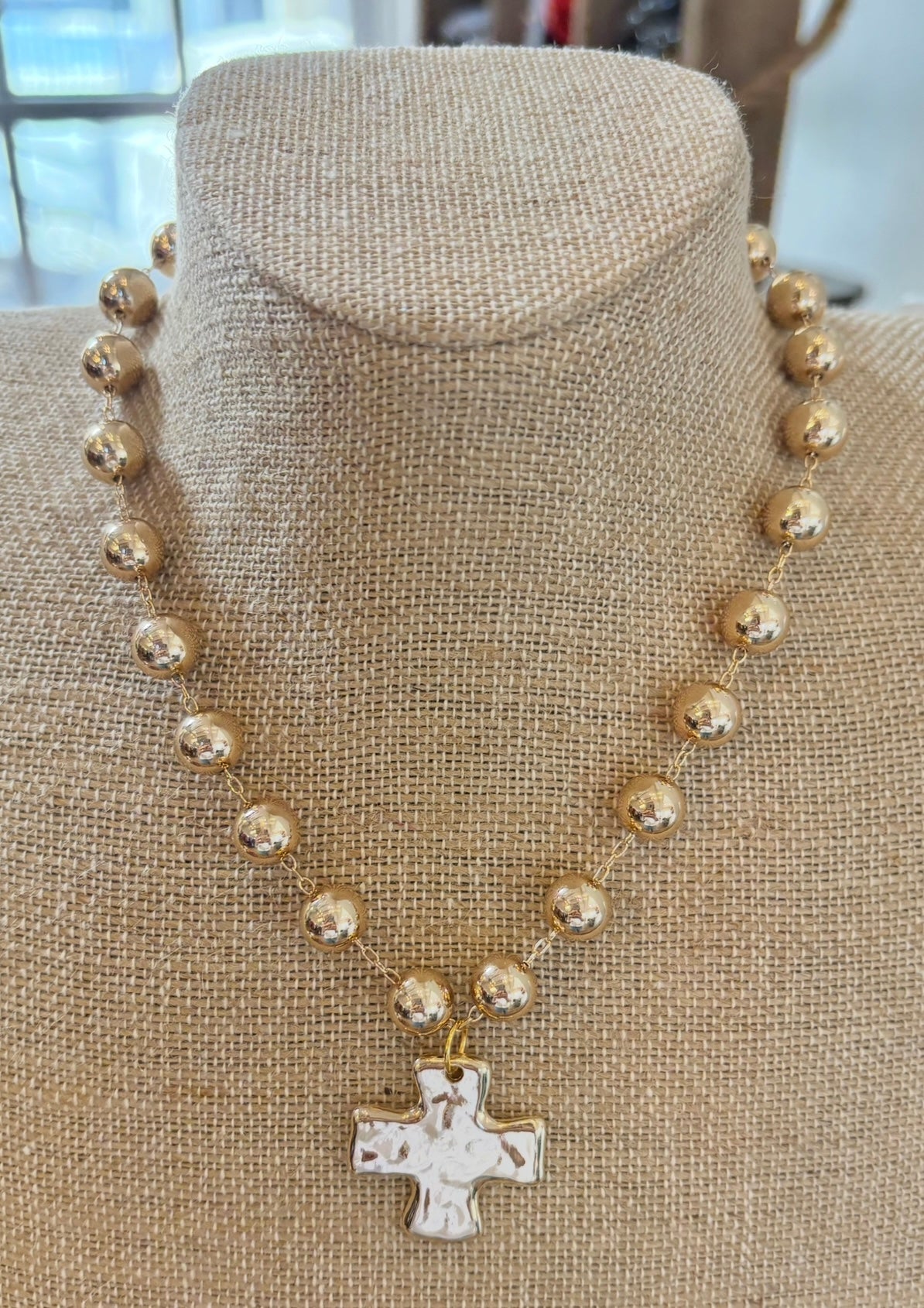 Magnetic Closure Bead Cross Necklace - Gold or Silver