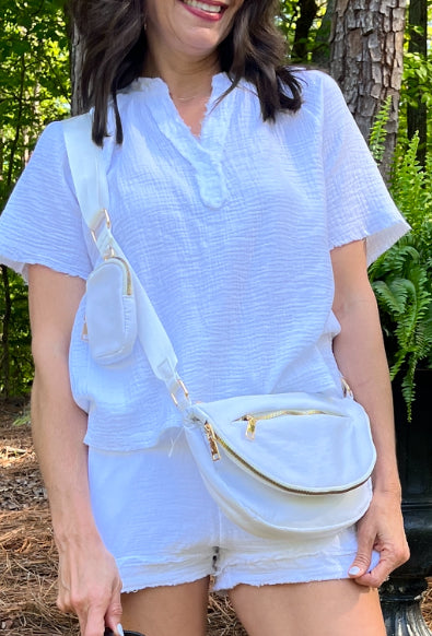 White Nylon Half Round Crossbody Bag