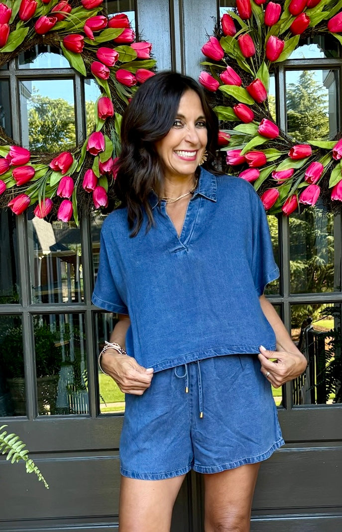 Washed Chambray Collared Cropped Top