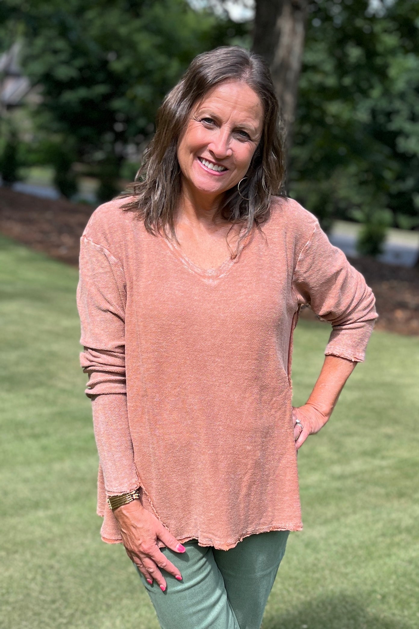 Mineral Washed Cinnamon V Neck Top