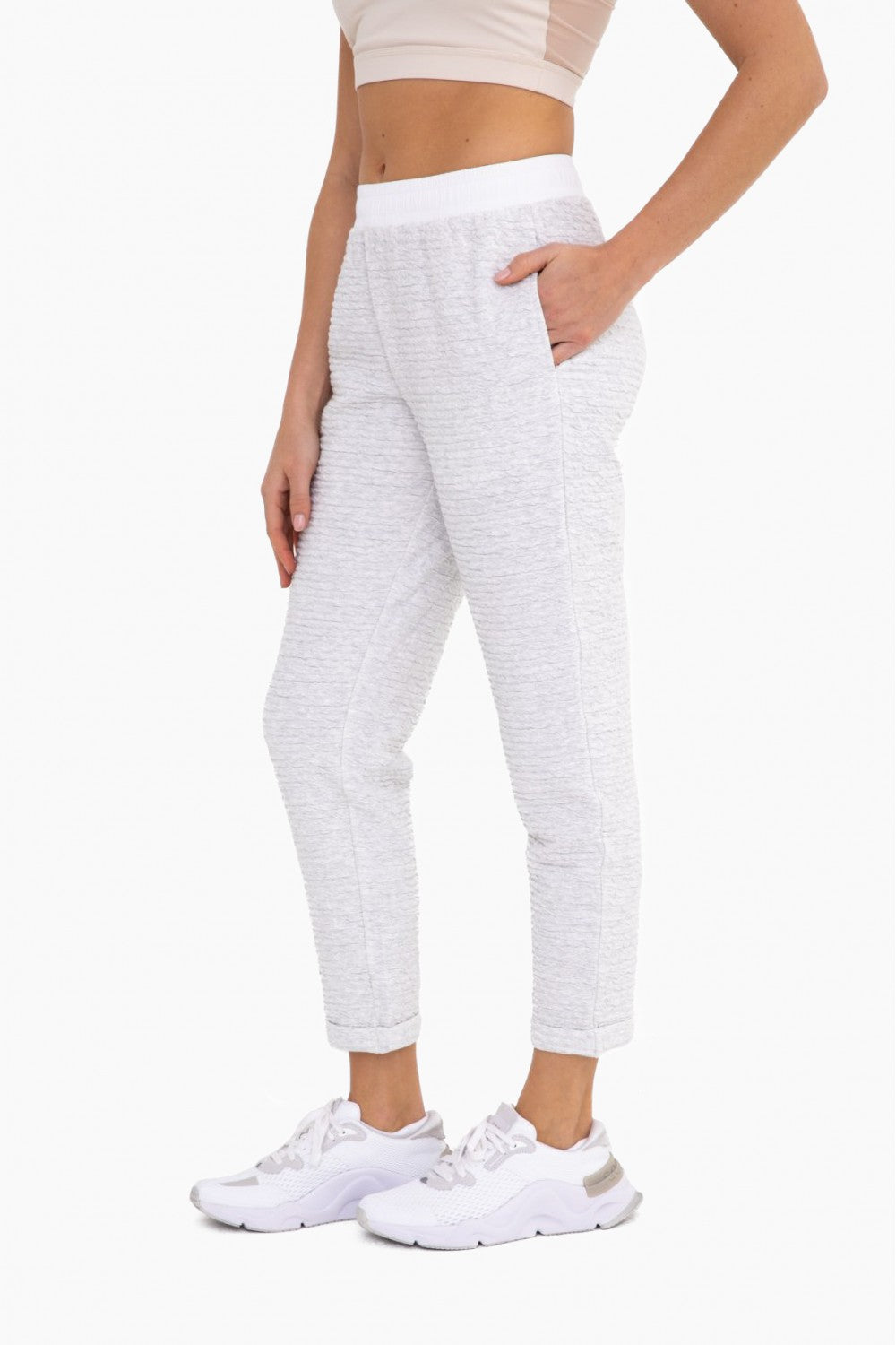 Misty Grey Cotton Blend Textured Joggers