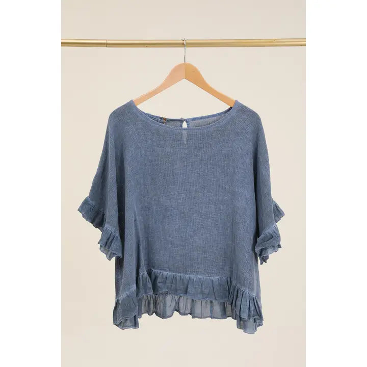 Italian Linen Ruffle Detail Short Sleeve top / 7 colors