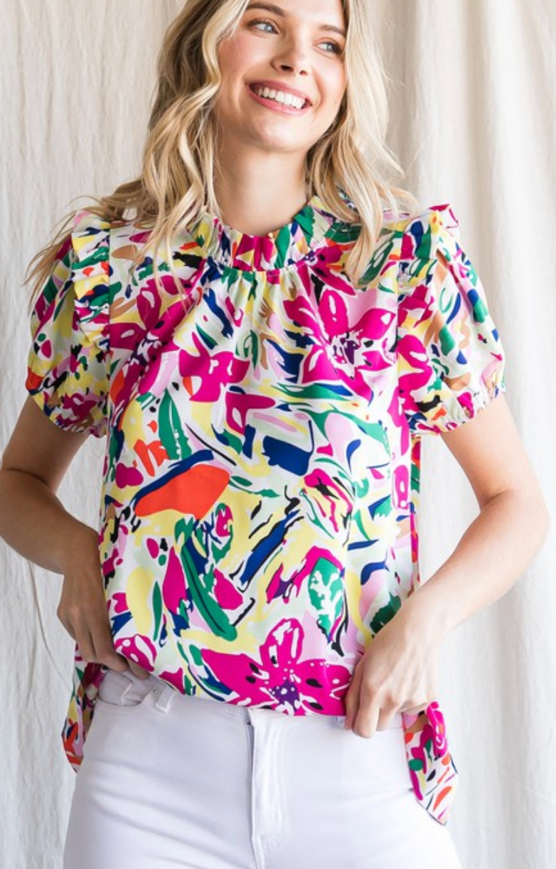 Multi Floral Frill Short Sleeve Top