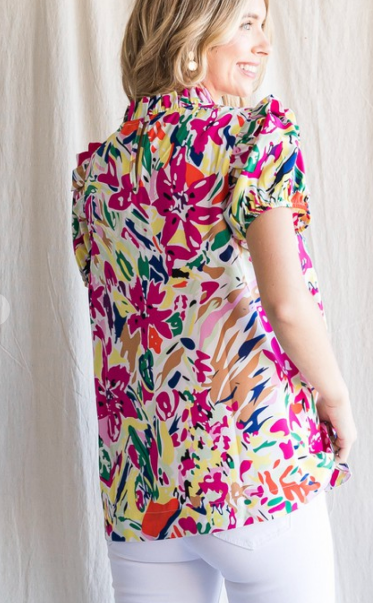 Multi Floral Frill Short Sleeve Top