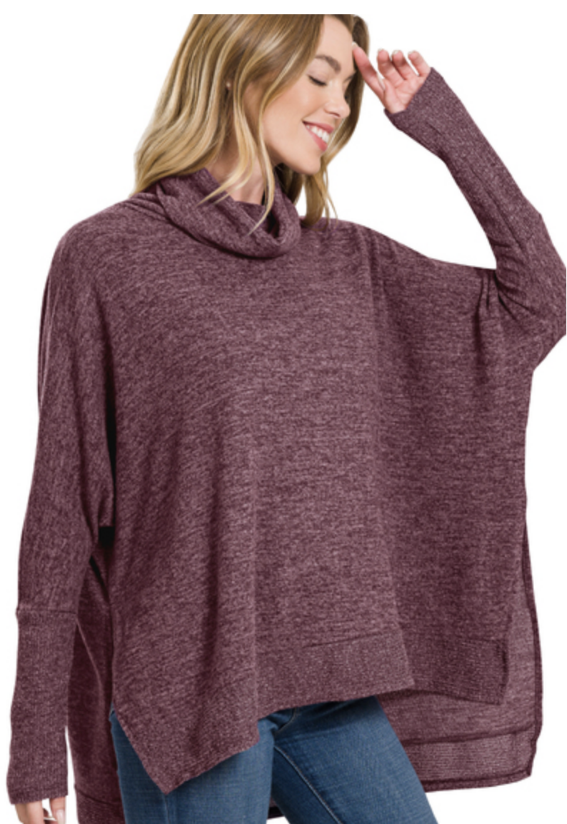 Zenana Cowl Neck Poncho Sweater/ 3 colors