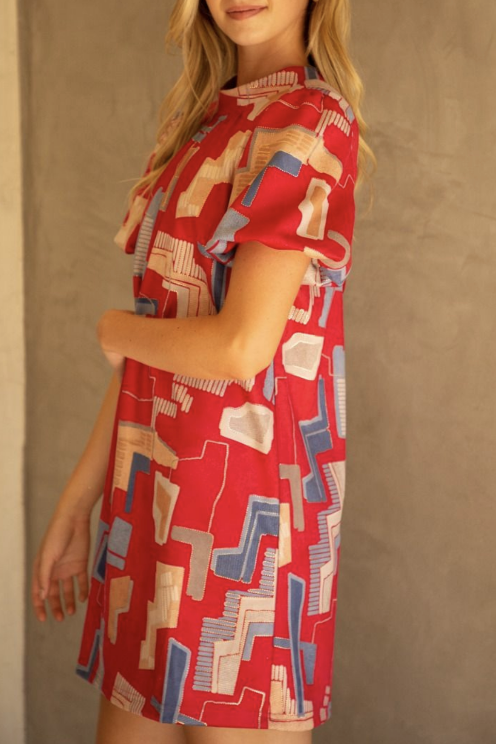 Geometric RED Print Tie Back Shift Dress