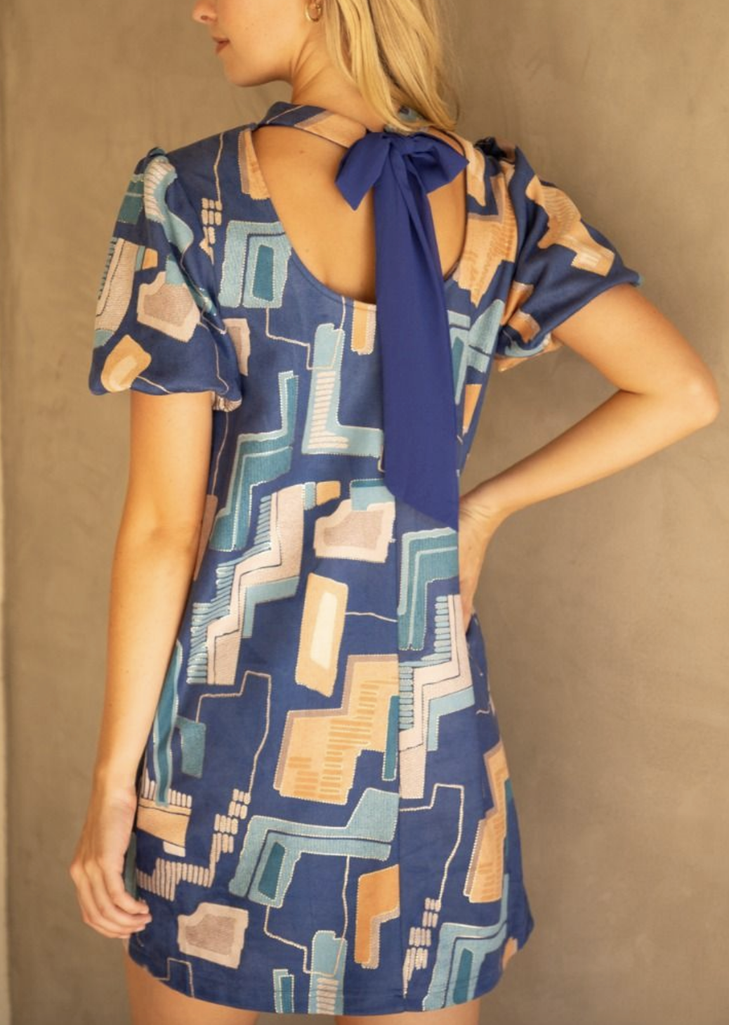 Geometric Blue Print Tie Back Shift Dress